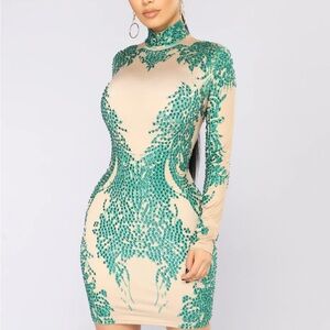 Fashion Nova Teal and Cream Long Sleeve Dress